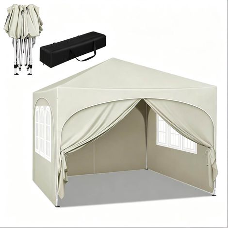 Tonnelle de jardin pliable 3 x 3 m beige avec parois latérales, structure en fer, auvent Oxford 210D (1/5)