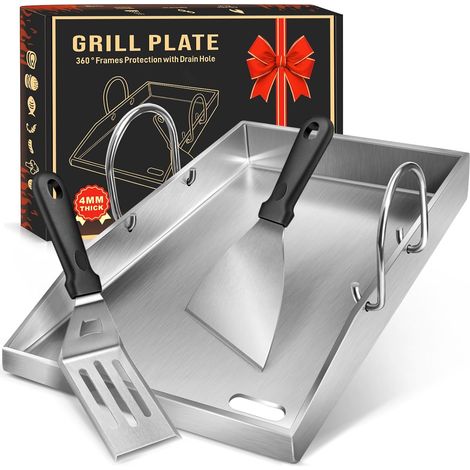 Plancha Plaque de cuisson avec 2 spatules pour barbecue, en acier inoxydable de 4 mm d'épaisseur, avec poignée amovible, pour barbecue à gaz et au charbon de bois, 40 x 30 x 4 cm (1/5)