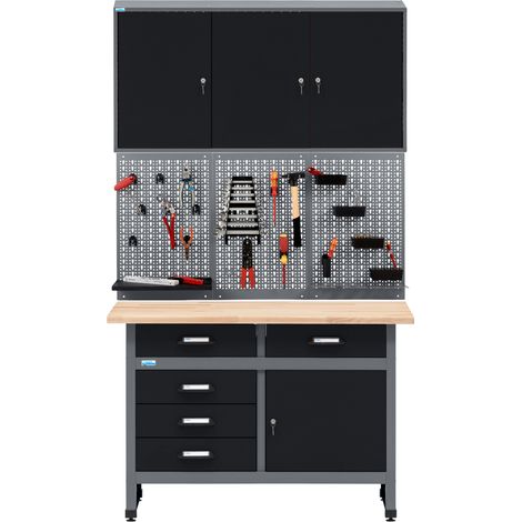 Küpper Werkstatt Sparset 70424-9, Breite 120 cm, Werkbank, Hängeschrank, Lochwand inkl. 12 Standard-Haken