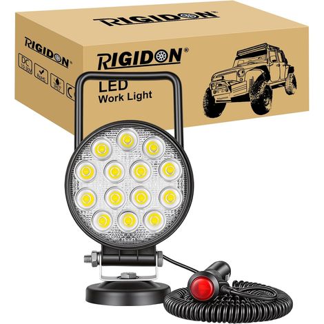 1x 10 cm 4 pouces 42W rond lampe de travail portable allume-cigare  feux de travail aimanté, base magnétique, 12V 24V, câble de 3 mètres, phare, flood, pour offroad Voiture camions ATV SUV 4x4 (1/5)