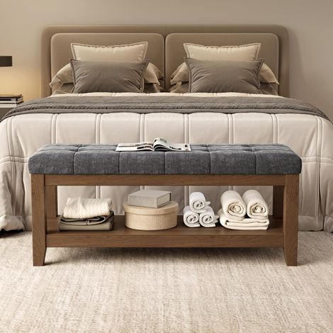 Banc à Chaussures en Bois d'hévéa Massif, siège rembourré en Tissu Chenille Doux, capacité de Charge de 350 kg, Multi-Rangement pour entrée/Chambre/Salon, Style Vintage, 110 x 40 x 45 (1/5)