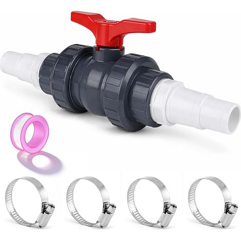 Robinet à boisseau sphérique en PVC 1 1/2" (50 mm) – Vanne d'arrêt avec 2 douilles de tuyau 32-38 mm – Pour piscine, étang et irrigation – Avec adaptateur et raccord de tuyau – Étanche et (1/5)