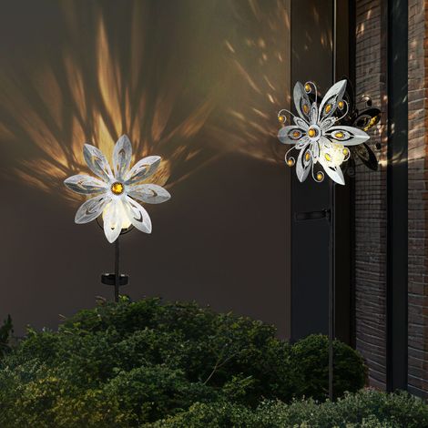 LED lampada solare ruota del vento decorazione giardino terra spike outdoor lampada argento plug-in lampada decorazione letto luce solare, cristalli di vetro, bianco caldo, set di 2