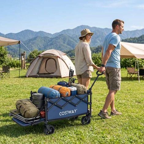 92L Foldable Wagon with Adjustable Handle and Brake, 150kg Load Capacity, Blue (1/5)