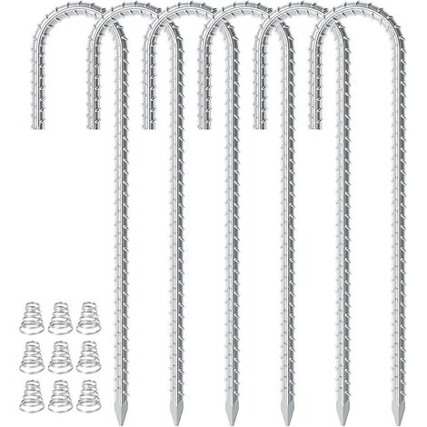 Piquets d'armature robustes, ancrages au sol en forme de crochet en J en acier galvanisé pour sols argileux durs ou rocailleux, fixations stables et sécurisées pour projets extérieurs. (1/5)