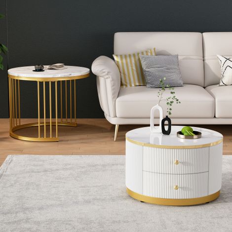 Ensemble élégant de tables basses gigognes à deux niveaux — Design rond et finition ultra-brillante effet marbre Comprend deux tiroirs supportant une charge allant jusqu'à 30 kg (1/5)
