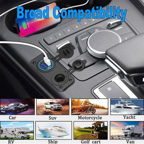 Pannello interruttore presa USB marina da 12 V, presa da 12 volt, PD3.0 e doppia porta USB, caricabatteria per auto in alluminio QC3.0, presa accendisigari impermeabile da 150 W, kit fai da te 2 in 1 (1/4)
