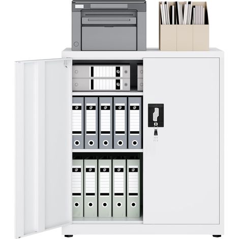 Armoire en Acier 3 Niveaux avec Serrure Étagères Réglables Portes Battantes Armoire de Bureau Rangement Métallique pour Bureau Garage Cuisine Atelier 80×40×91.5 cm Blanc (1/5)