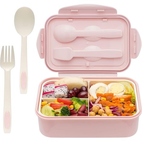 Boîte à lunch pour adultes et enfants - 3 compartiments, sans BPA, compatible micro-ondes et lave-vaisselle, avec couverts - Boîte à repas portable (1/5)