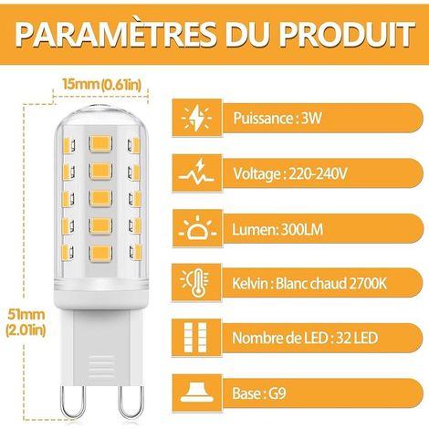 Ampoule LED G9 à intensité variable, 3W Blanc Chaud 2700K, équivalent à une Ampoule Halogène G9 de 40W, Ampoule LED à économie d'énergie, Sans Scintillement, pour éclairage Domestique, 6 Pièces (1/5)