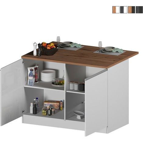 Îlot central pour cuisine moderne 2 portes table en bois 125x90x90cm Deer - Blanc - Chêne
