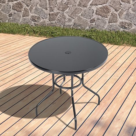80CM Garden Glass Top Table With Umbrella Hole, Round