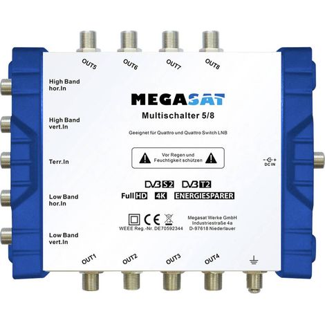 MegaSat 0600150 SAT multiswitch Ingressi (Multiswitch): 5 (4 satellitare / 1 terrestre) Numero utenti: 8