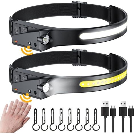 Lampe Frontale LED Rechargeable, Lampe Frontale Légère et étanche avec 8 clips, 230°Ultra Grand Angle 350 LM Lampe Frontale Led avec capteur pour enfants adultes Camping Jogging 2 pièces [Classe énerg (1/4)
