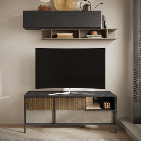 Meuble TV moderne bois strié et travertin 160cm EZE (1/5)