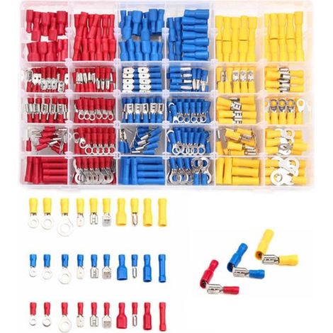 Kabelschuhset, 480-teilig, 30 verschiedene Flachsteckhülsen, Crimpverbinder mit Isolierhülsen, Flachstecker, Ringgabel, Kabelschuhe, Sortimentsbox (1/5)