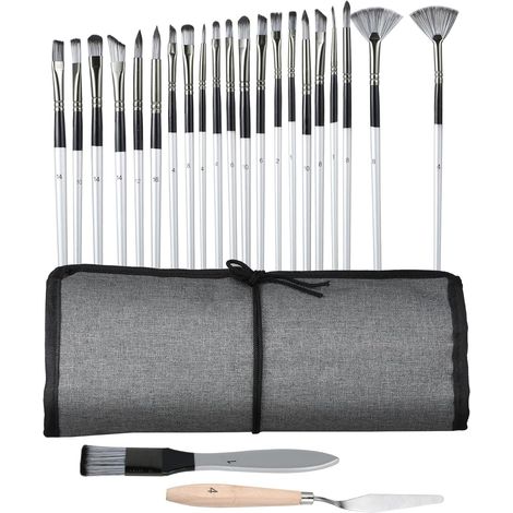 Lot de 24 pinceaux professionnels avec fibres synthétiques, set de pinceaux acrylique, incl. couteau de peinture & pinceau plat + 22 pinceaux d'artiste, pour acrylique, huile, aquarelle & peinture sur (1/5)