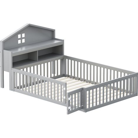 Cama cabaña infantil 140 x 200 de madera gris con almacenaje, barrera, puerta y somier (1/5)