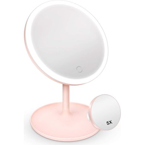 Miroir de courtoisie lumineux LED à 3 modes d'éclairage, miroir grossissant x5 amovible, rechargeable par USB et doté d'un plateau de rangement. (1/5)