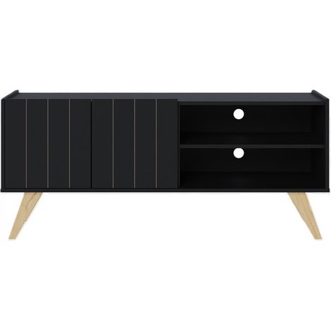 Meuble TV coloris noir avec portes et étagères ouvertes pieds en chêne vieilli - Longueur 136 x Hauteur 59 x Profondeur 36 cm (1/5)