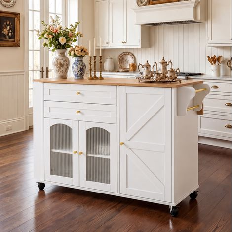 Isla de cocina móvil 110x70x99 cm de aglomerado blanco con encimera abatible - CHICFURN (1/5)