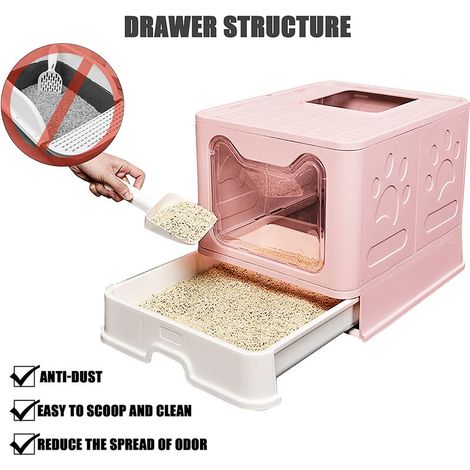 Bac à Litière Chat Maison de Toilette pour Chats Portable Anti Odeur Caisse Litière Fermée Taille avec Filtre Tiroir et Couvercle 51x41x38cm rose (1/5)