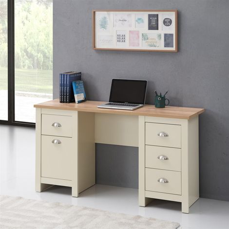 Cream 4 Drawer 1 Door Office Desk With Filing Drawer Oak Top (1/5)