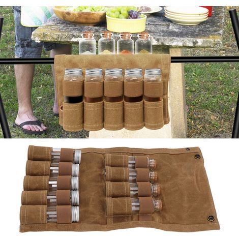 Cet organiseur de bouteilles à condiments pour barbecue en camping contient 9 bouteilles à condiments en verre, une combinaison de bouteilles à condiments pour barbecue et un sac en toile kaki impermé (1/5)