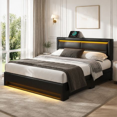 Lit capitonné 140x190 cm en PU noir avec LED et 4 tiroirs, pour chambre – sans matelas – MEUBLIV (1/5)