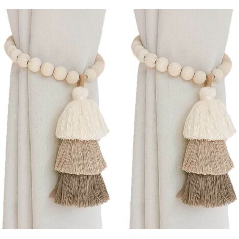 Lot de 2 embrasses de rideau magnétiques avec perle en bois, clips de rideau bohème, pour décoration de chambre d'enfant (glands)