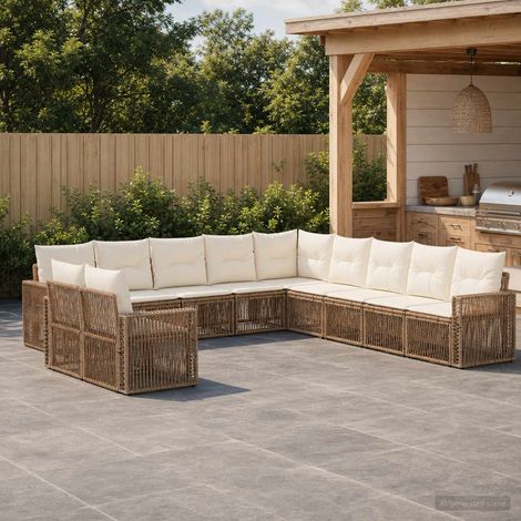 Salon de jardin modulable 11 places en polyrotin beige et blanc crème, coussins lavables - PANGIVO (1/5)
