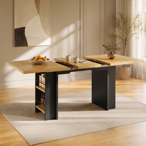 Mesa de comedor extensible 160x80x75 cm en MDF natural, con almacenamiento FloraGrace (1/5)