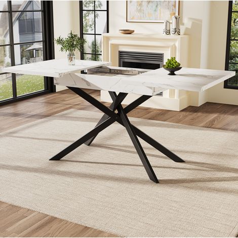 Mesa de comedor extensible 120-160x80x76.5 cm blanco MDF y metal con patas cruzadas (1/5)