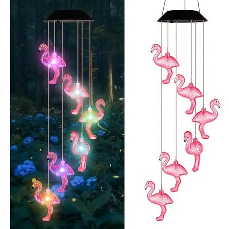 Carillon éolien flamant rose à énergie solaire avec lumières changeantes de couleur – Décoration extérieure pour jardin, terrasse (1/4)