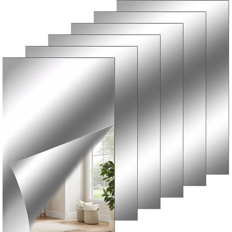 Lot de 6 films de miroir autocollants - Miroir adhésif flexible - Non verre - Carrelage miroir autocollant - Pour bricolage maison, salle de bain - Décoration murale (4 x 6 pouces) (1/5)
