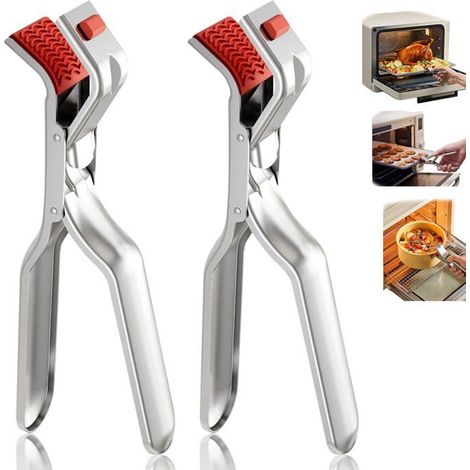Lot de 2 pinces à assiettes en acier inoxydable — Pinces anti-brûlure pour bols, avec isolation thermique en silicone antidérapant (1/5)