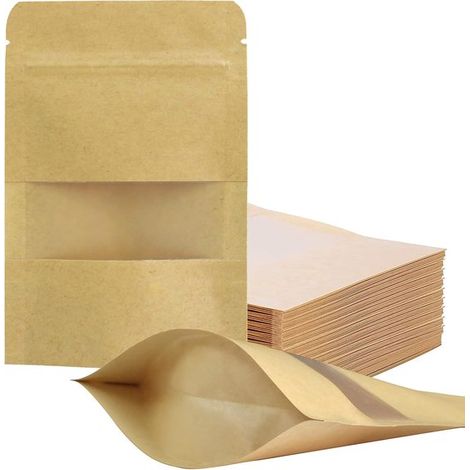 100 sacchetti richiudibili, sacchetti di carta kraft stand-up da 914 cm con finestra satinata, riutilizzabili, sacchetti richiudibili per alimenti per il confezionamento di prodotti