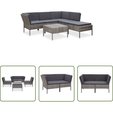 Salon de jardin 6 pcs avec coussins résine tressée gris (1/5)