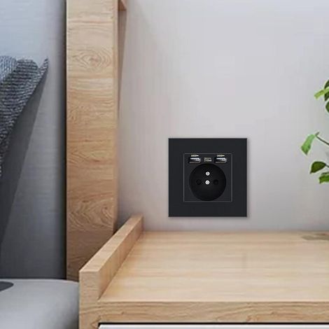 Prise Murale, Prise Electrique Murale avec Double USB 16A, Prise Encastrable Noire avec 2 Ports de USB Pratique et Manialble (1/4)