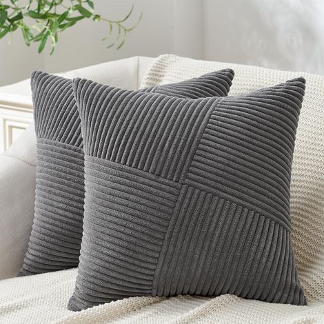 Lot de 8 Housses de Coussin Velours Cotele Motif Geometrique Patchwork Rayures Canape Salon Gris Fonce 55x55 cm (1/5)