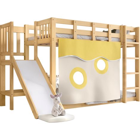 Lit superposé 90x200cm Lit enfant avec toboggan + rideau + échelle sécurisée avec garde-corps intégral - Structure pin et MDF - naturelle (1/5)