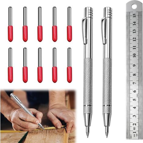 Lot de 2 outils de traçage en carbure de tungstène - Aiguilles à tracer - Règle en acier de 15 cm - 10 pointes de rechange - Pour tracer et graver des carreaux en céramique en verre, métal (1/5)
