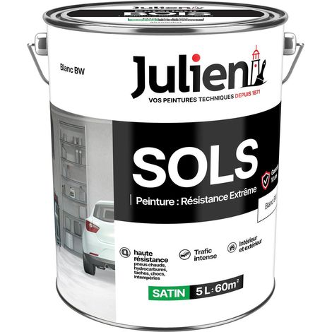 Julien – Peinture pour sol intérieur satin blanc 5 L – Résistance extrême aux hydrocarbures et chocs – Pour béton, ciment, briques et parquets