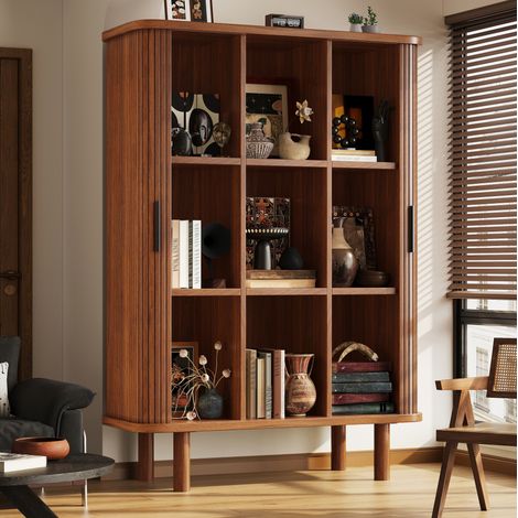 Armario alto MDF con puerta enrollable y estantes abiertos, 110 x 40 x 160 cm, marrón oscuro, OKWISH (1/5)