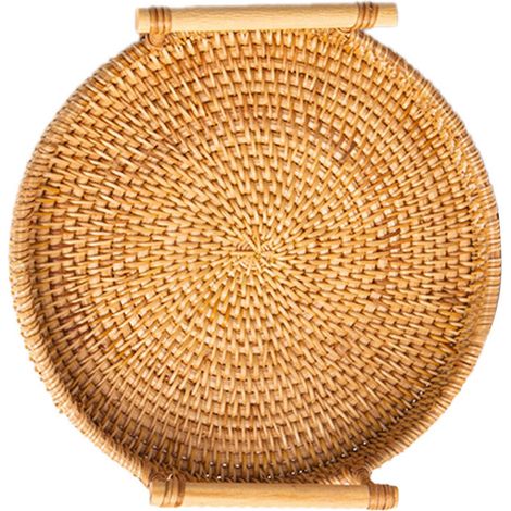 Plateau de service rond en rotin tressé à la main, panier à pain, fruits, desserts et en-cas avec poignée, diamètre 22 cm, hauteur 3 cm (1/5)