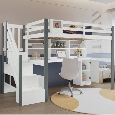 DESVIAE Lit mezzanine mi hauteur avec bureau étagère ouverte escalier de rangement boîtes en tissu 90 x 200 cm blanc gris (1/5)
