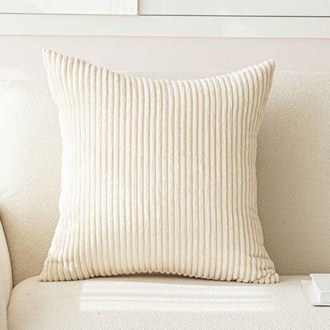 Housse Coussin 40x40 Decoratif en Velours Côtelé avec Fermeture Eclair Caché Taie Oreiller Super Doux pour Décoration Coussin Canape Salon Jardin Fauteuil Lit, Beige Blanc (1/4)