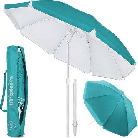 Kingsleeve Sonnenschirm 180 - 200cm UV Schutz 50+ Neigbar mit Erdspieß Tragetasche Wasserabweisend Strand Garten Strandschirm Balkonschirm Gartenschirm 180 cm - Türkis