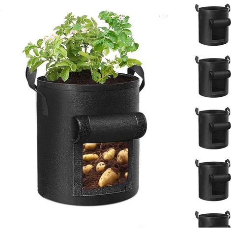 ZHIJIA PREMIUM Lot de 2 sacs de culture 38 L pour pommes de terre et tomates, en tissu non tissé robuste, avec poignées et fenêtre de récolte, noirs (1/5)