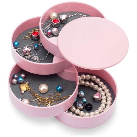 PA Schmuck-Organizer, kleine Schmuckschatulle für Damen, 4-lagige drehbare Schmuck-Aufbewahrungsbox, Aufbewahrungstablett mit Deckel für Ringe und Armbänder (Rosa) (1/5)
